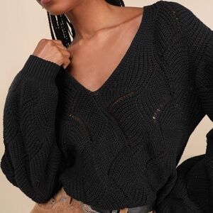 Lulus Cute Lifestyle Black Pointelle Knit V-neck Sweater Top - Size S